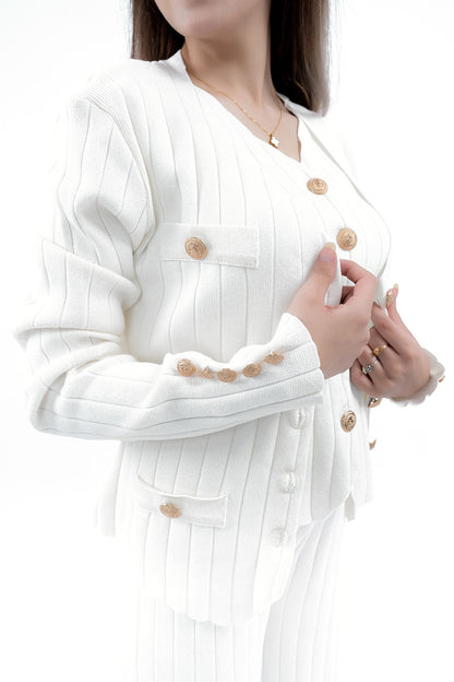 Women's White Ribbed Knit Cardigan, Top, and Pant Set