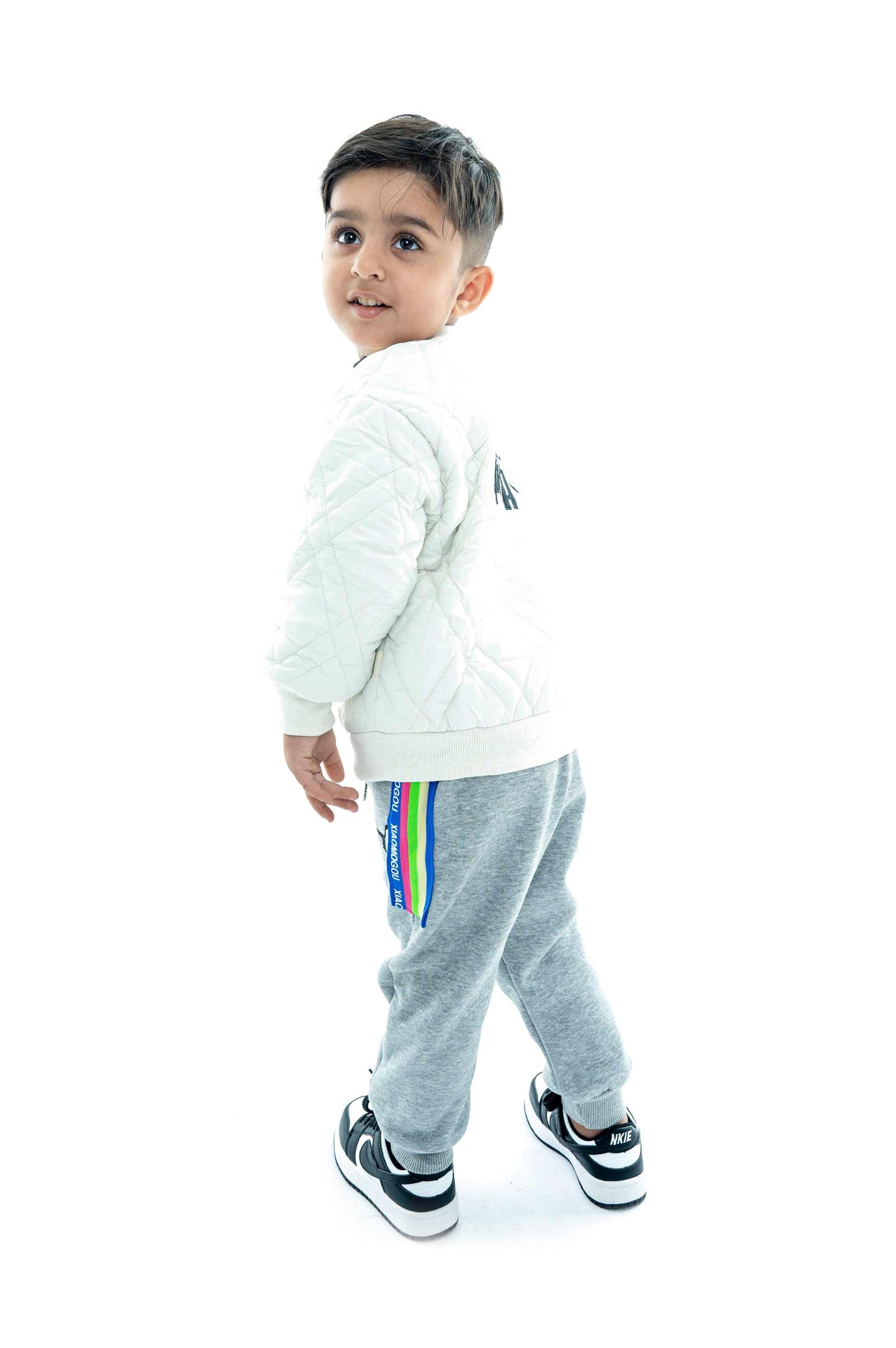 Kids' White Quilted Puma Jacket with Grey Joggers