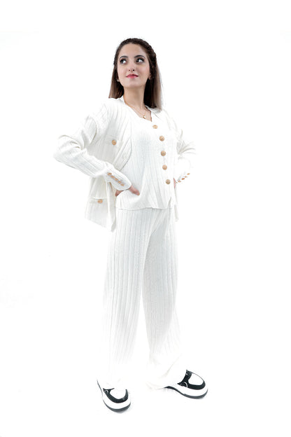 Women's White Ribbed Knit Cardigan, Top, and Pant Set