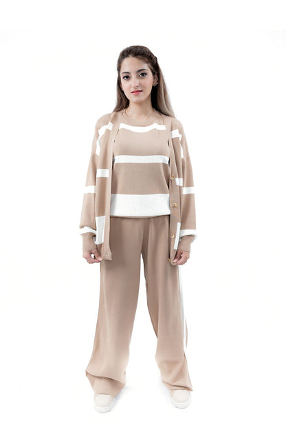 Women's Beige and White Striped Cardigan, Top, and Pant Set