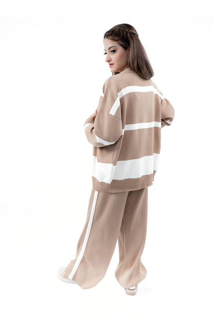 Women's Beige and White Striped Cardigan, Top, and Pant Set