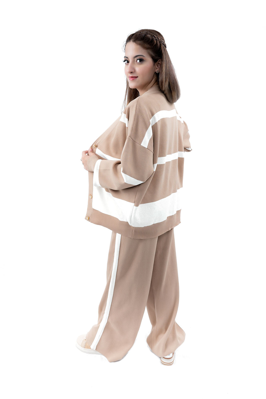 Women's Beige and White Striped Cardigan, Top, and Pant Set