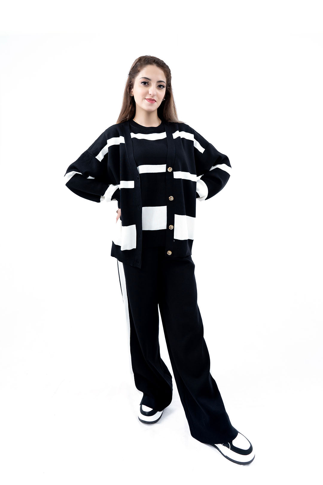 Women's Black and White Striped Cardigan, Sweatshirt, and Pant Set