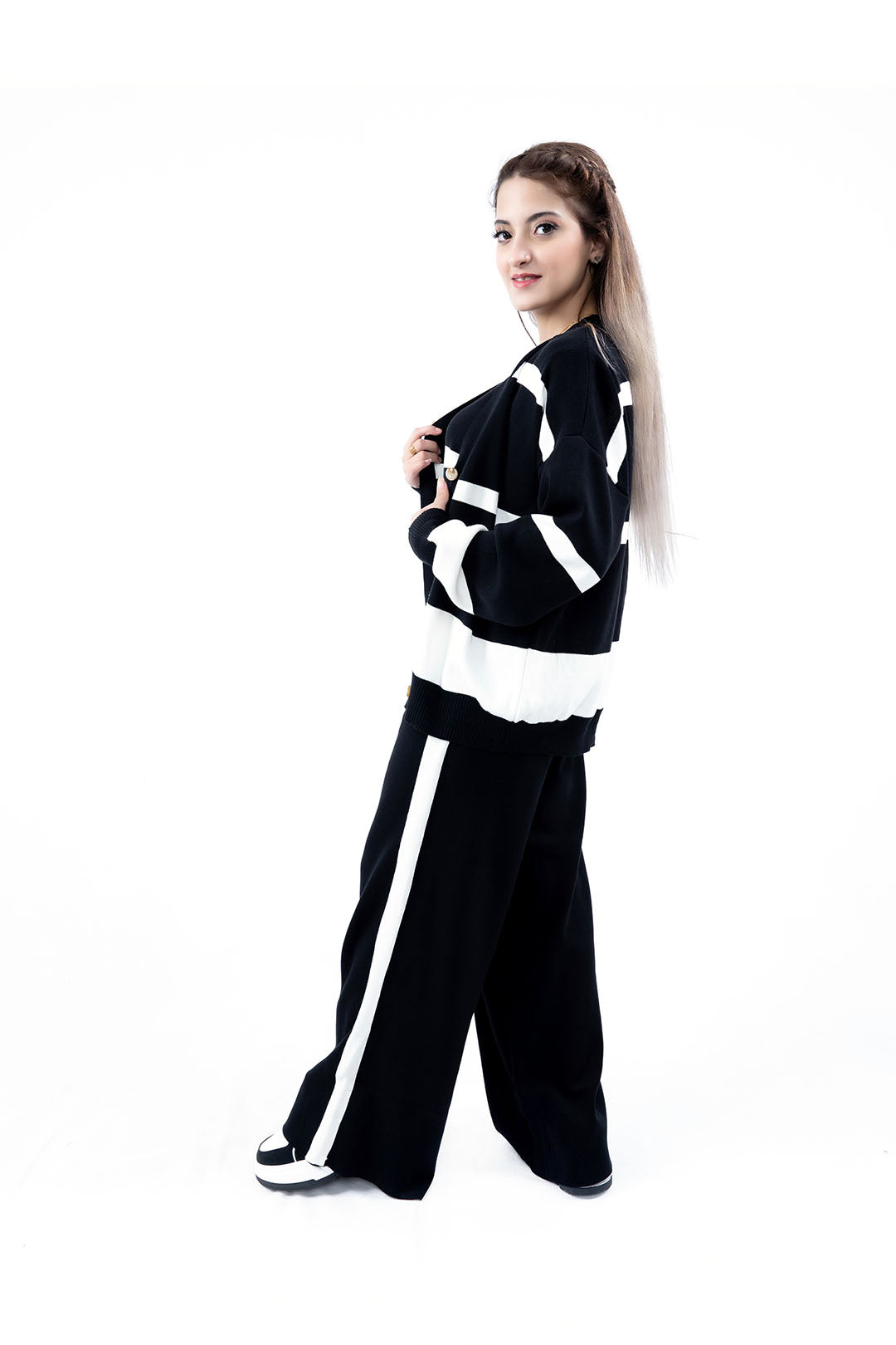 Women's Black and White Striped Cardigan, Sweatshirt, and Pant Set