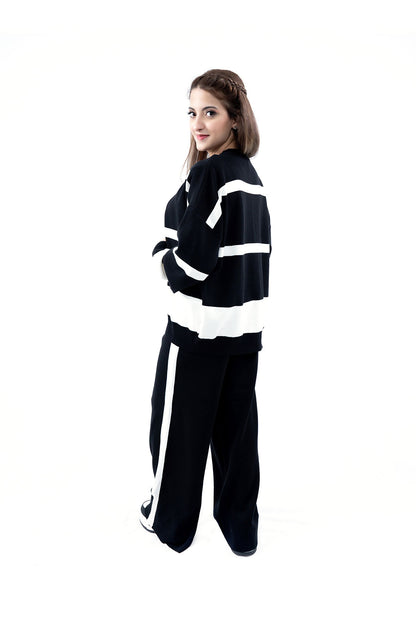 Women's Black and White Striped Cardigan, Sweatshirt, and Pant Set