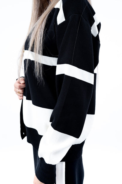 Women's Black and White Striped Cardigan, Sweatshirt, and Pant Set