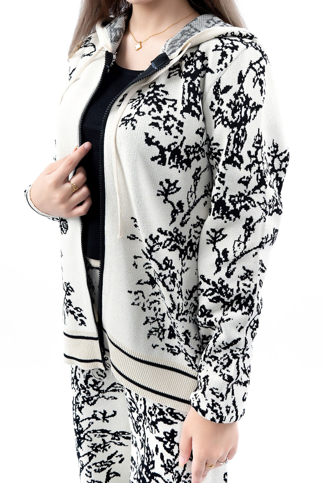 Women's Ivory Floral Knit Hoodie and Pant Set