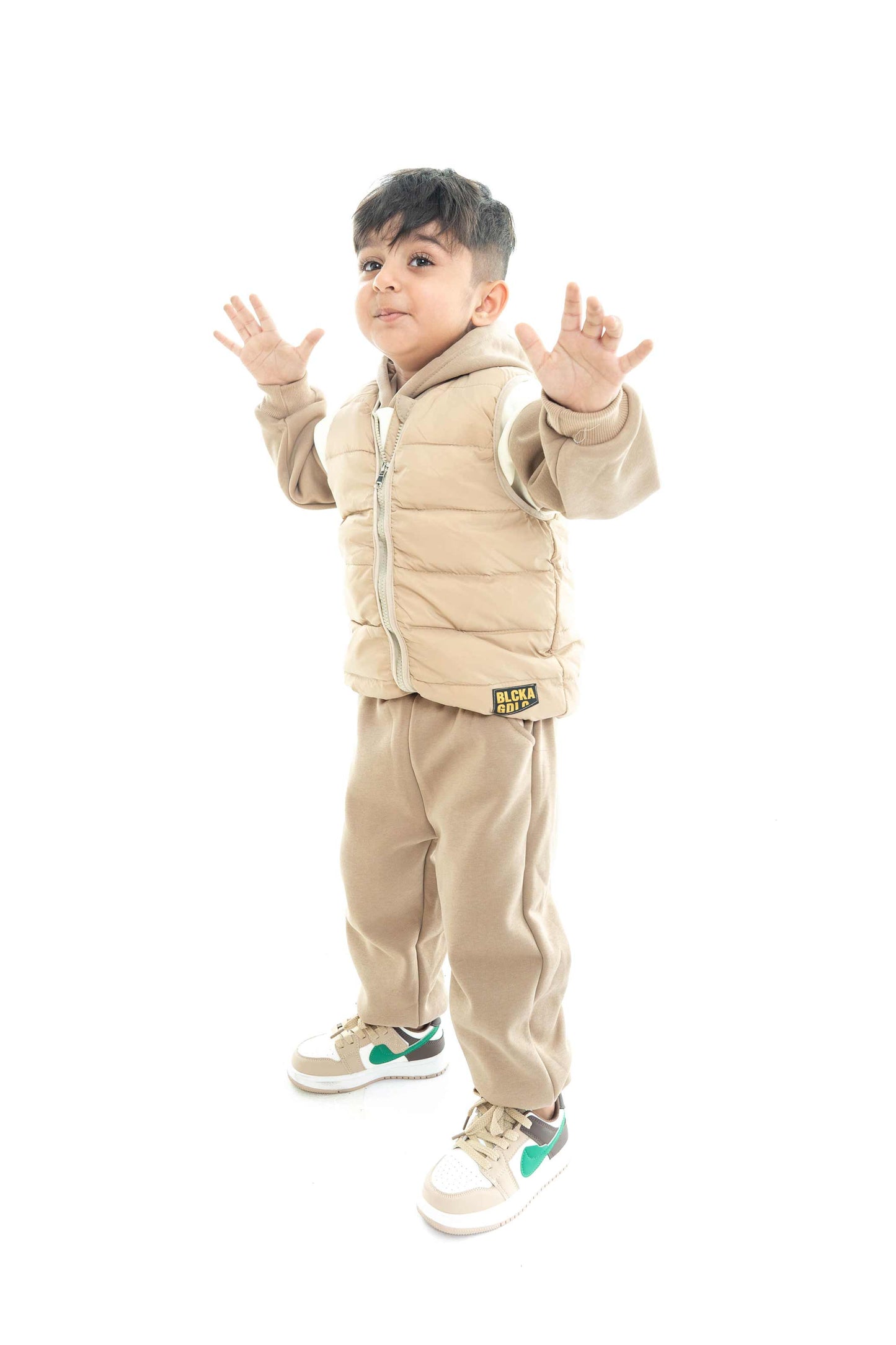 Kids Beige Puffer Vest and Tracksuit Set - 3 piece