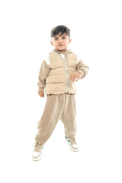 Kids Beige Puffer Vest and Tracksuit Set - 3 piece