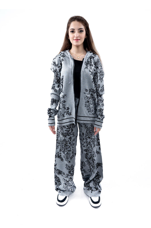 Women's Floral Print Grey Hoodie and Wide-Leg Pant Set