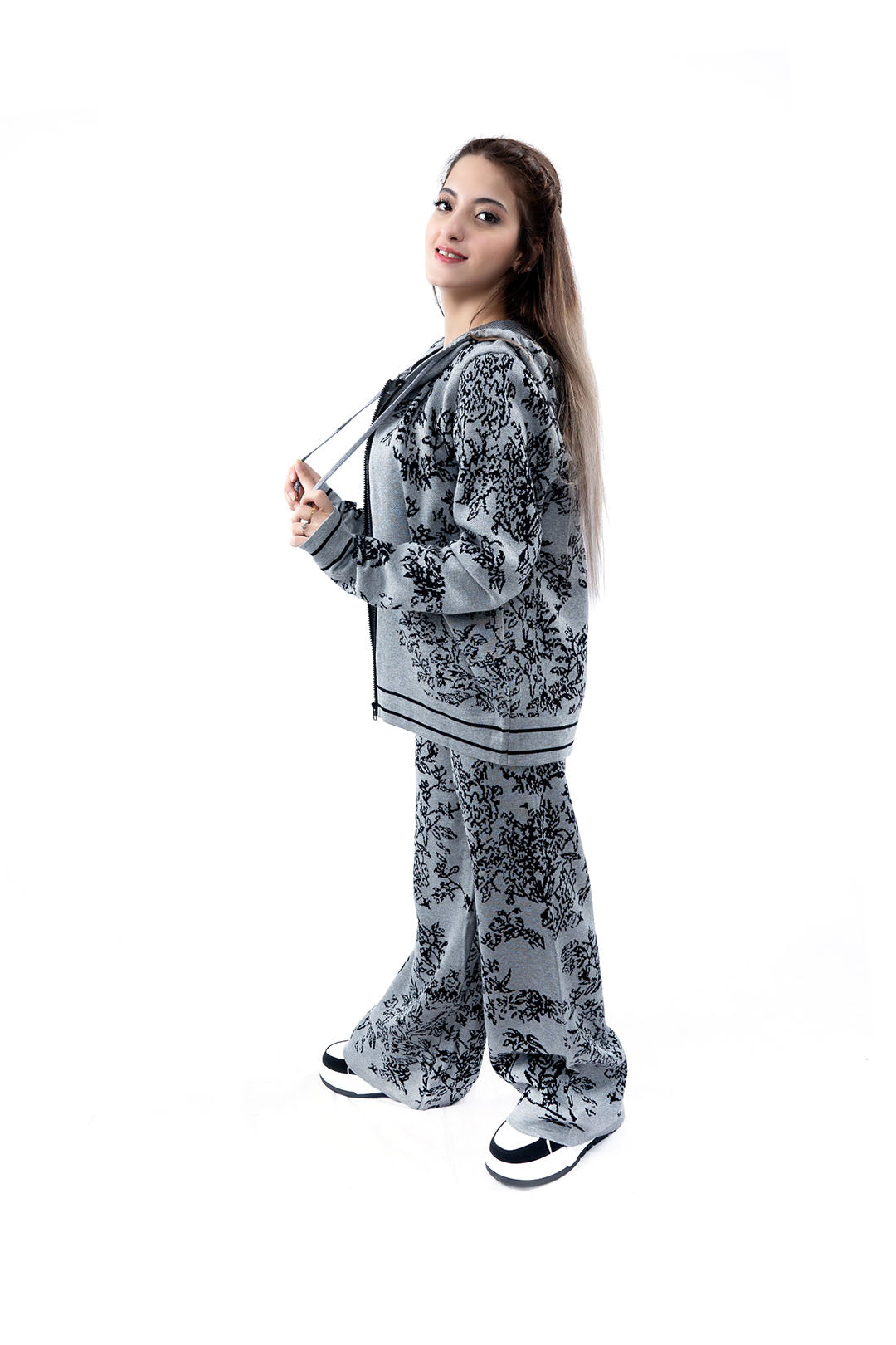 Women's Floral Print Grey Hoodie and Wide-Leg Pant Set