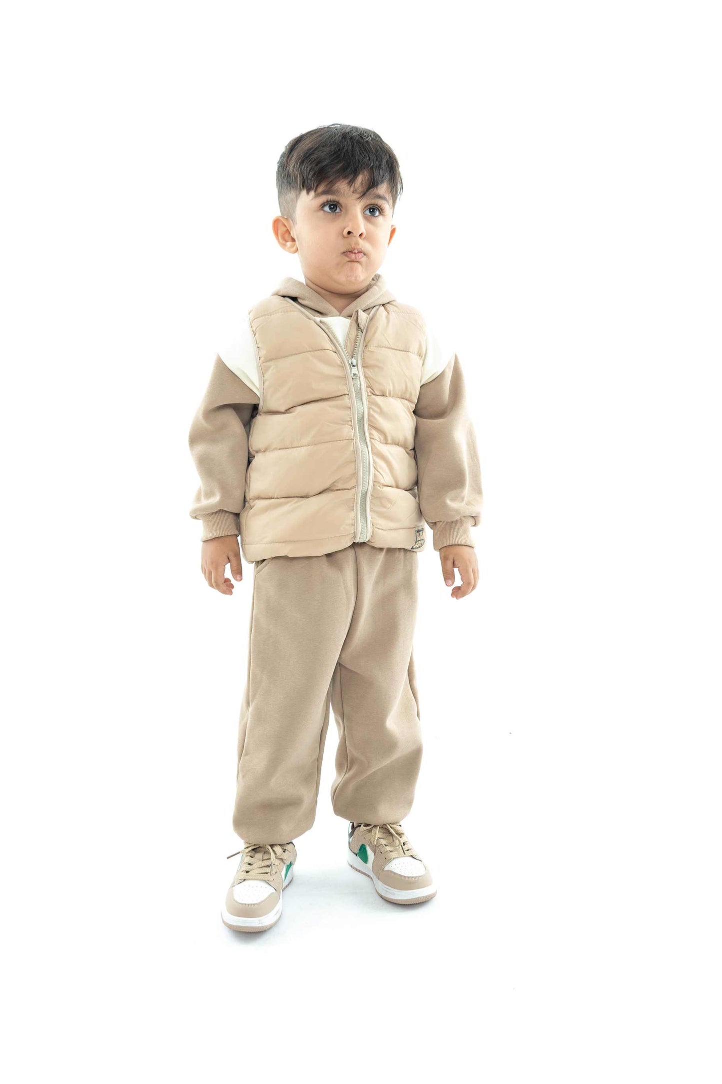 Kids Beige Puffer Vest and Tracksuit Set - 3 piece