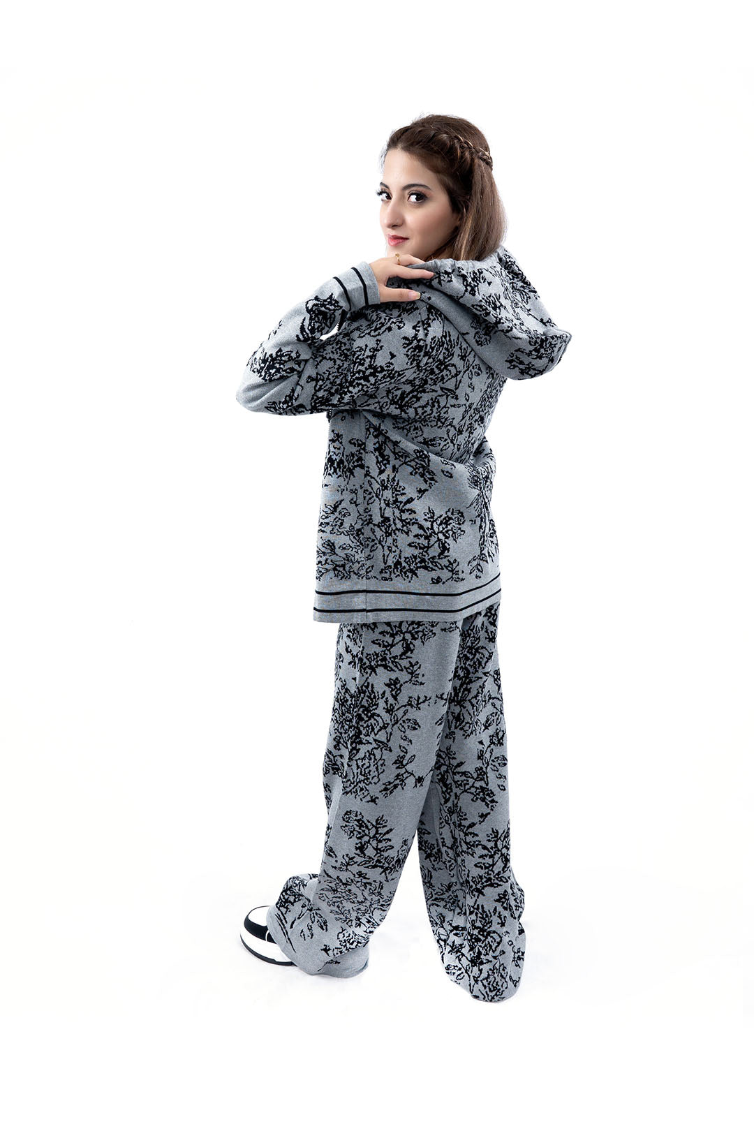 Women's Floral Print Grey Hoodie and Wide-Leg Pant Set