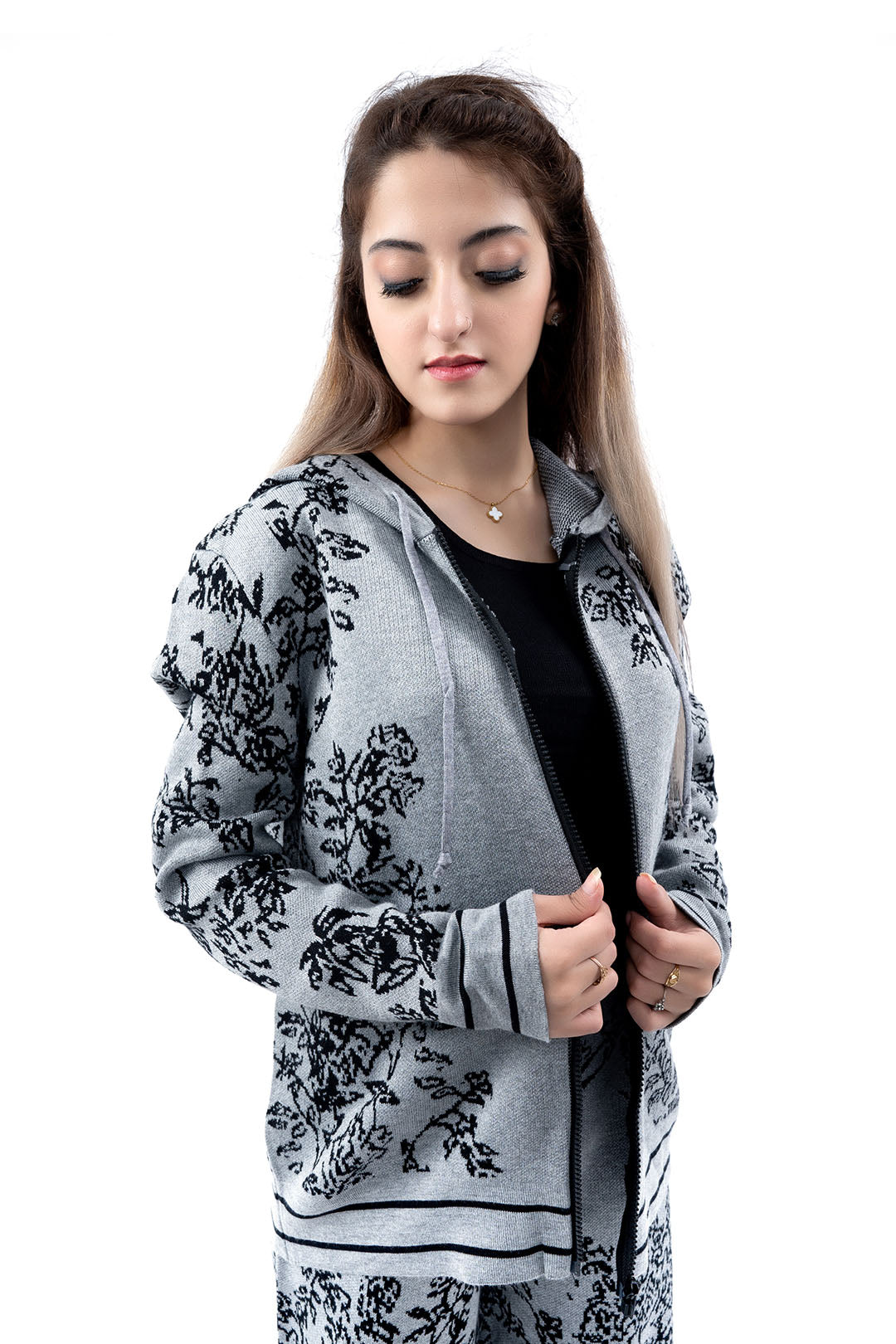 Women's Floral Print Grey Hoodie and Wide-Leg Pant Set