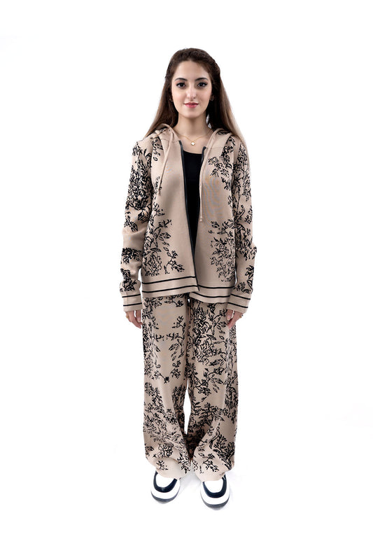 Women's Floral Print Brown Hoodie and Wide-Leg Pant Set