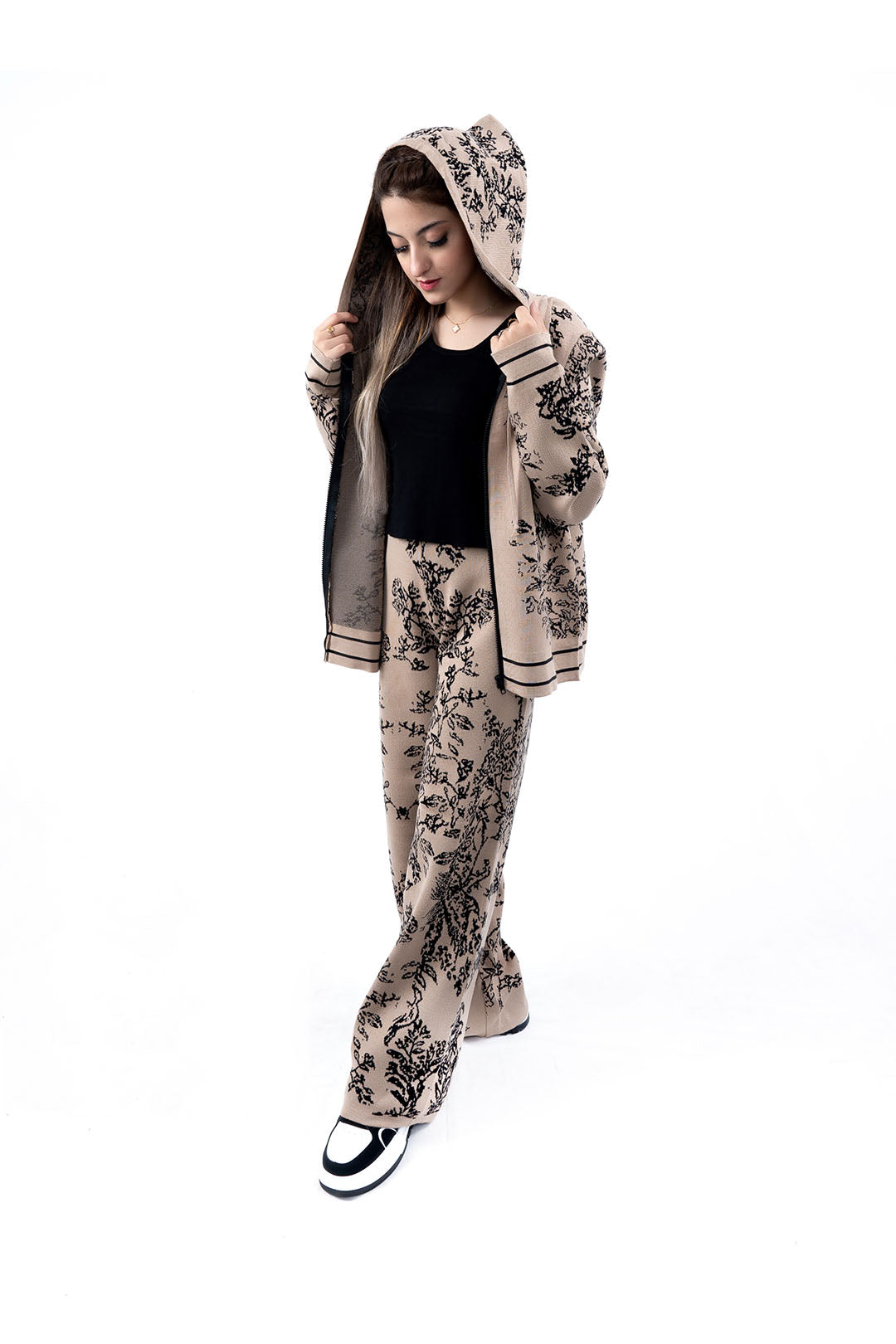 Women's Floral Print Brown Hoodie and Wide-Leg Pant Set