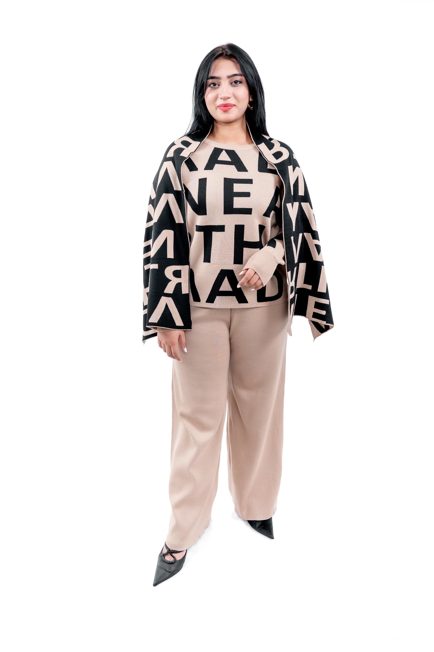 Women's Beige Graphic Sweatshirt, Pant, and Stylish Muffler Set