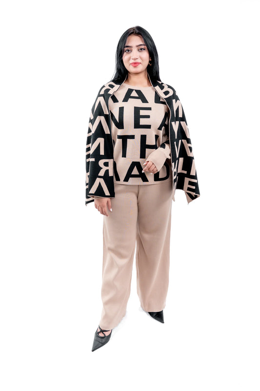 Women's Beige Graphic Sweatshirt, Pant, and Stylish Muffler Set