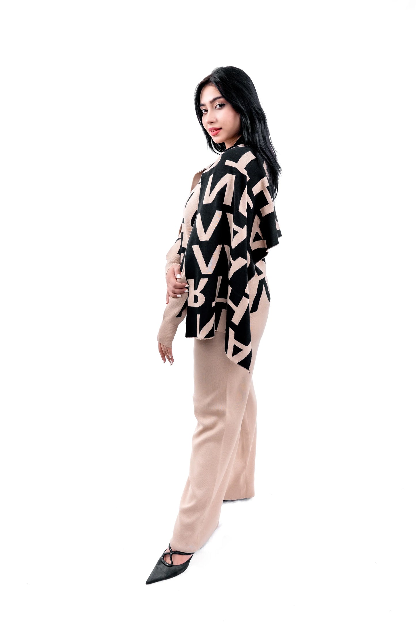 Women's Beige Graphic Sweatshirt, Pant, and Stylish Muffler Set