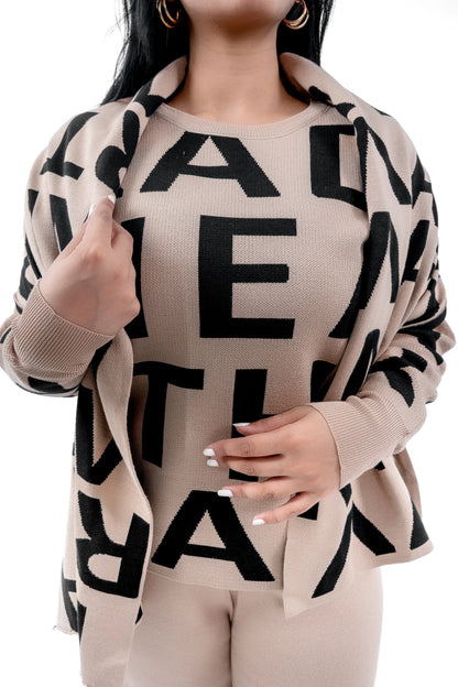 Women's Beige Graphic Sweatshirt, Pant, and Stylish Muffler Set