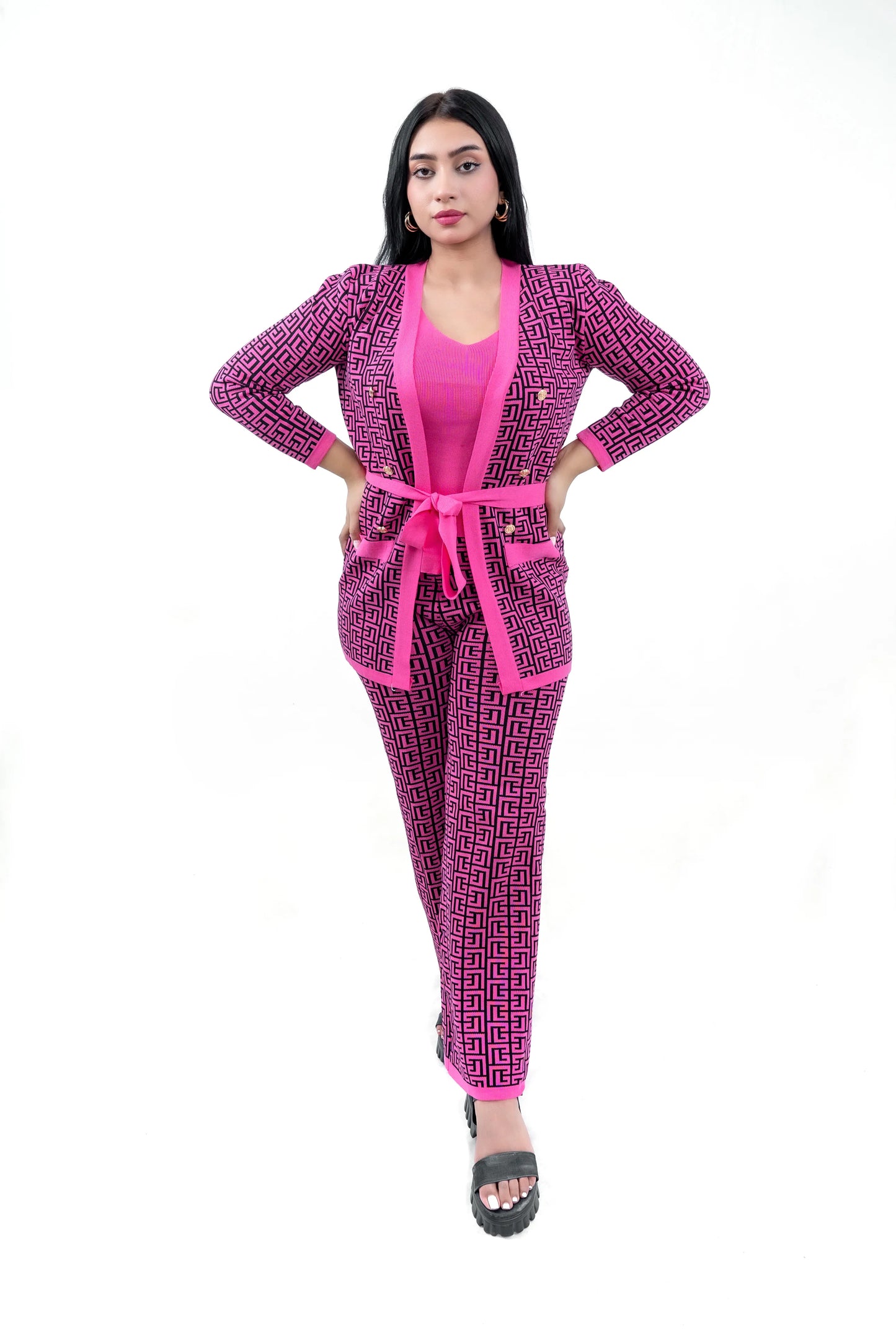 Women's Pink Geometric Print Cardigan, Top, and Pant Set with Belt