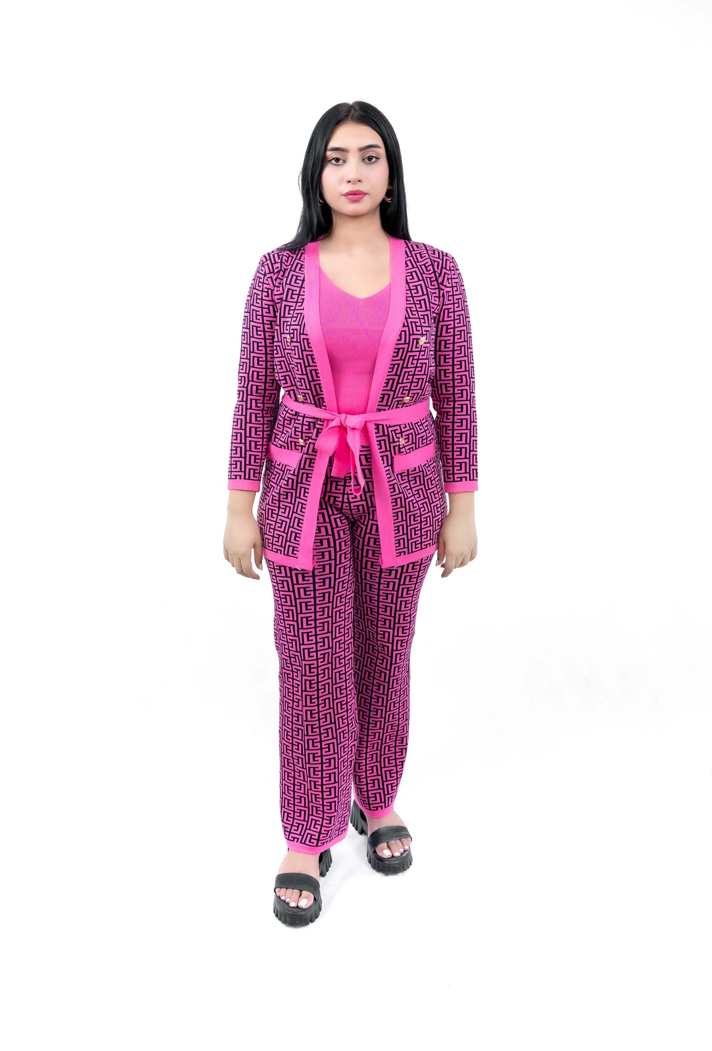 Women's Pink Geometric Print Cardigan, Top, and Pant Set with Belt