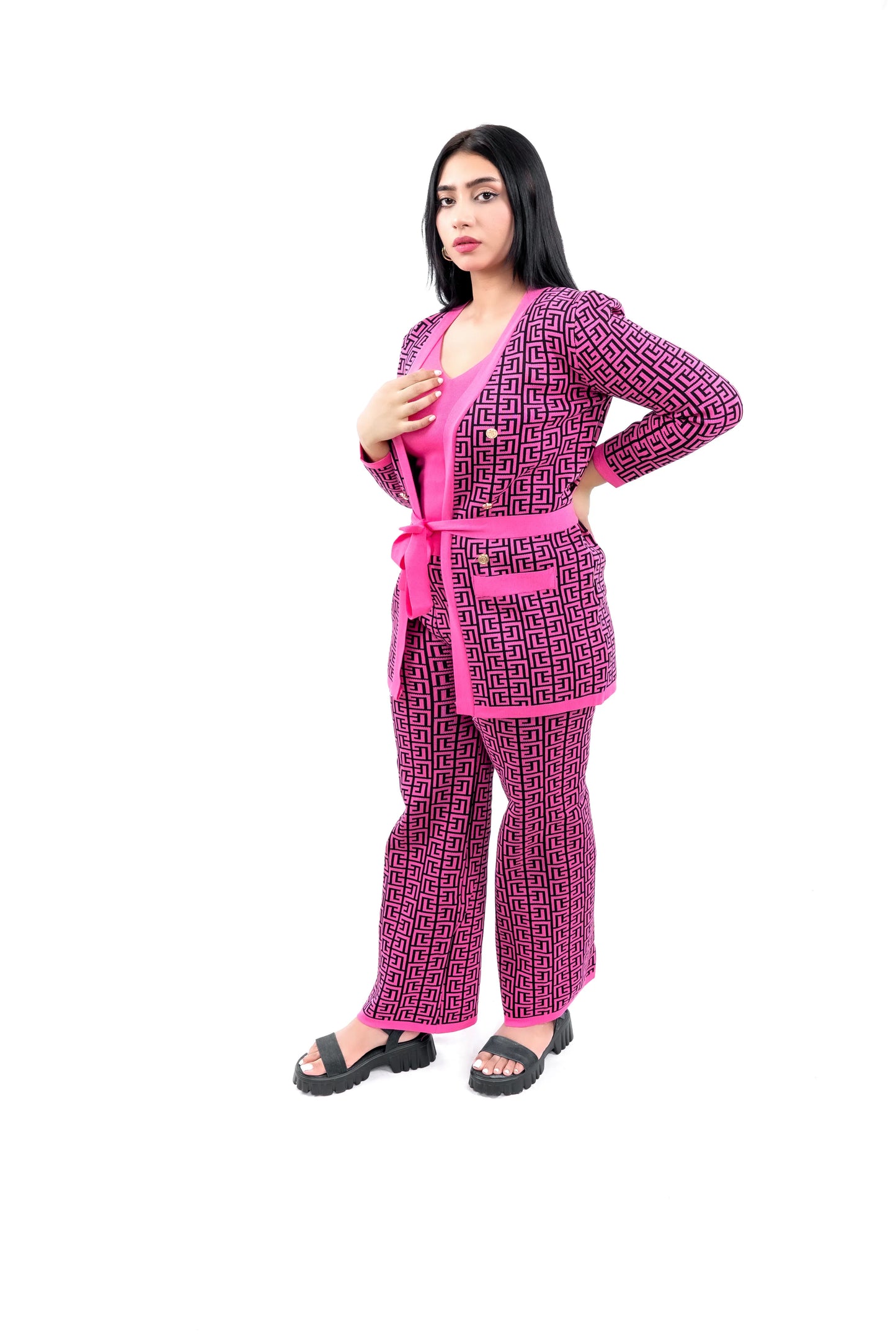 Women's Pink Geometric Print Cardigan, Top, and Pant Set with Belt