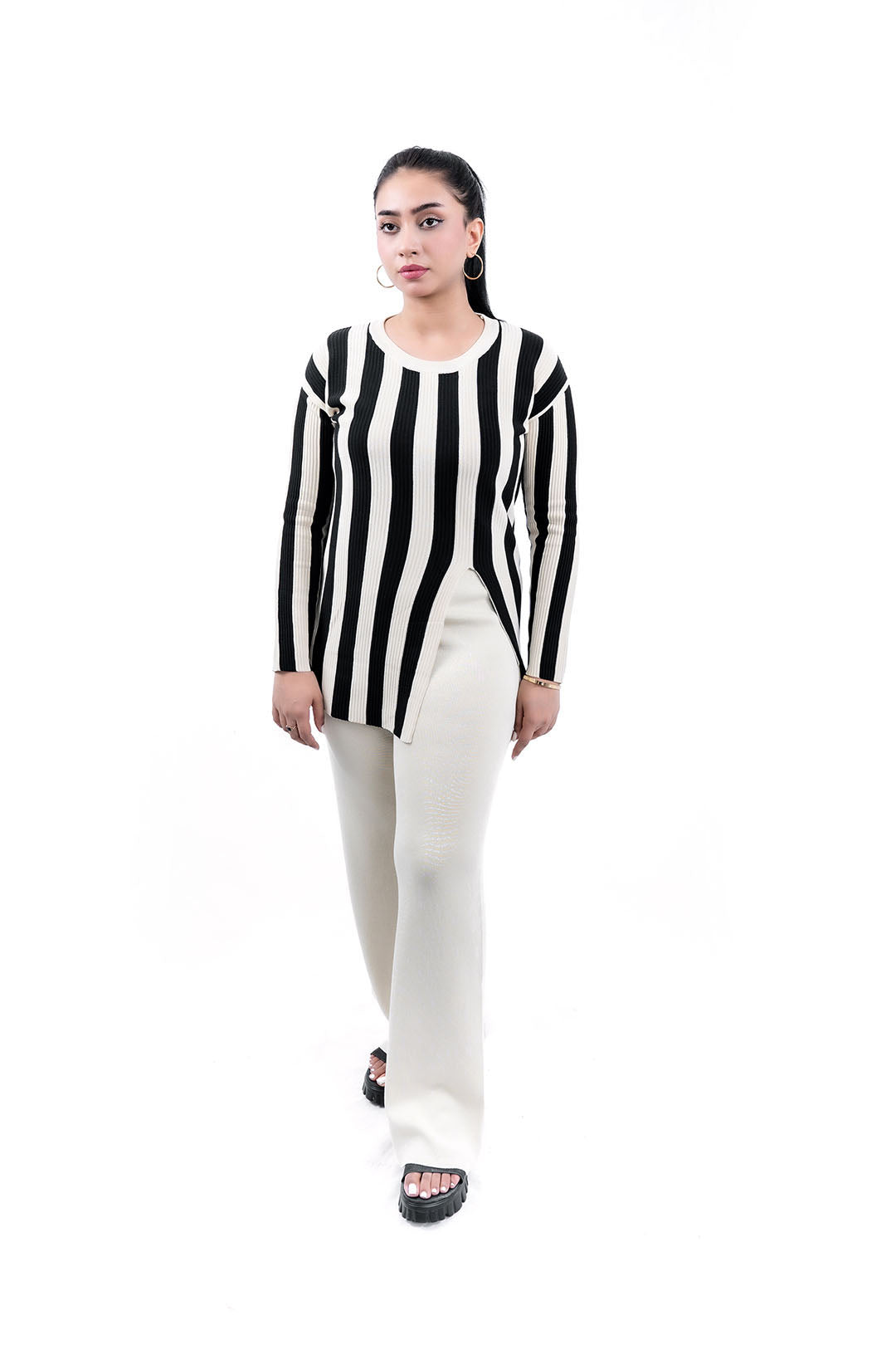 Women's Black and Grey Striped Tunic Top and Pant Set