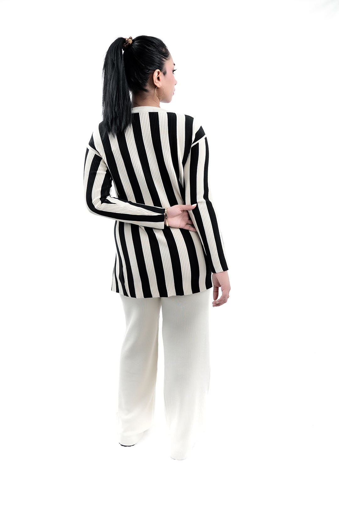 Women's Black and Grey Striped Tunic Top and Pant Set