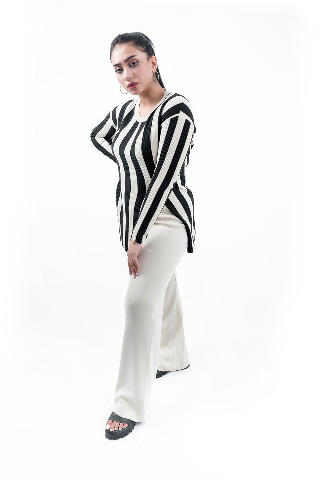 Women's Black and Grey Striped Tunic Top and Pant Set