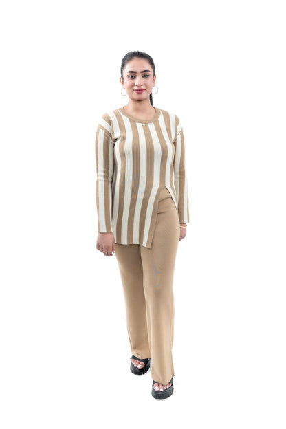 Women's Skin and Off-White Striped Tunic Top and Pant Set