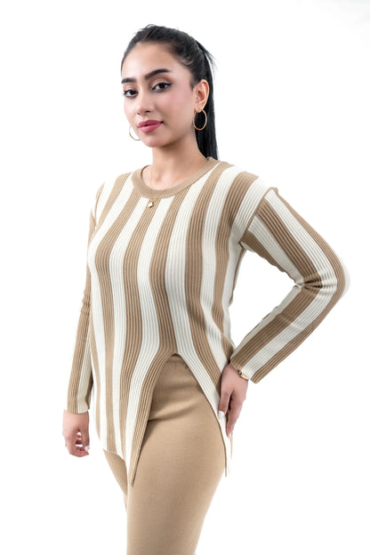 Women's Skin and Off-White Striped Tunic Top and Pant Set