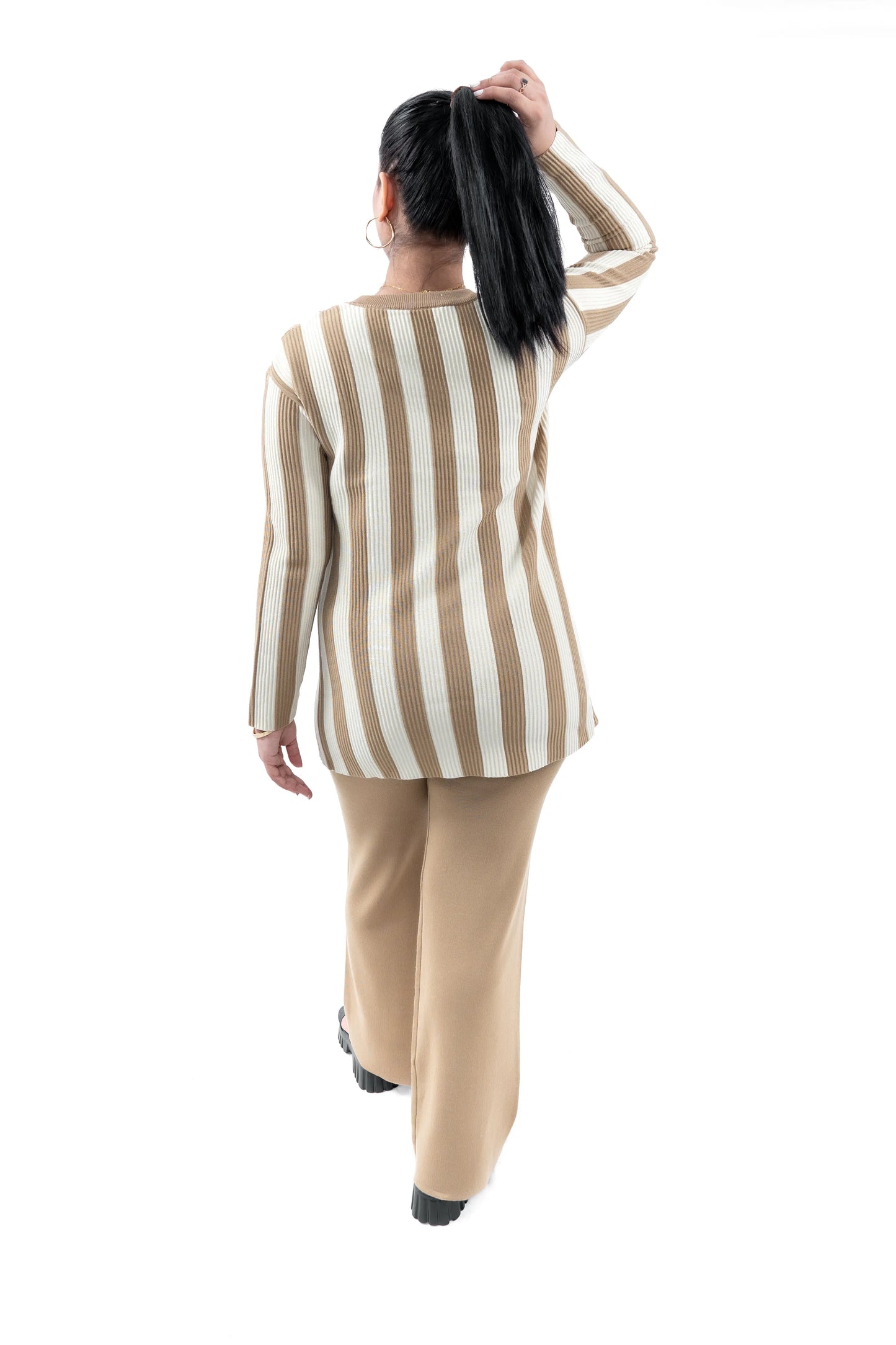 Women's Skin and Off-White Striped Tunic Top and Pant Set