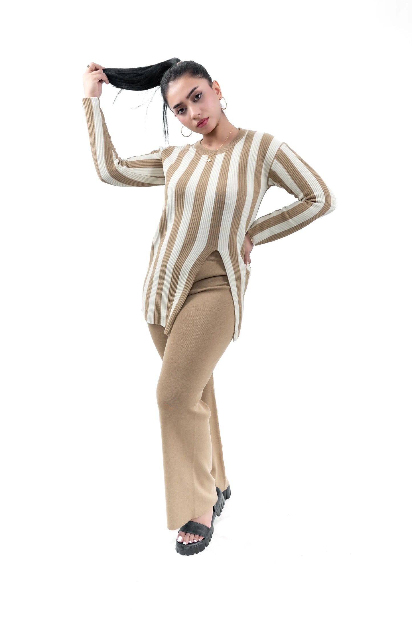 Women's Skin and Off-White Striped Tunic Top and Pant Set