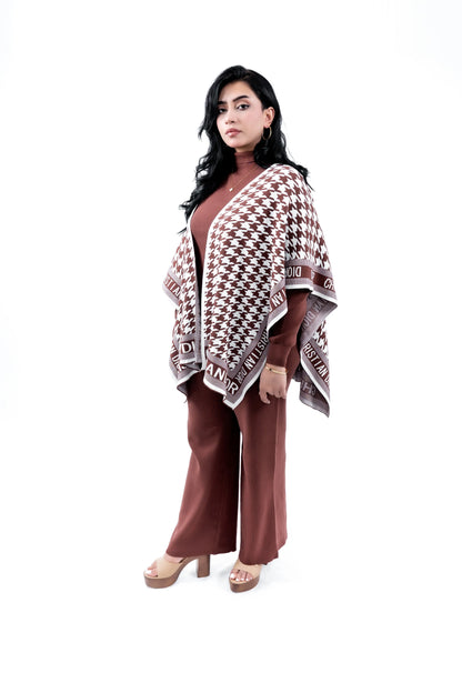 Women's Brown Knit Set with Houndstooth Poncho