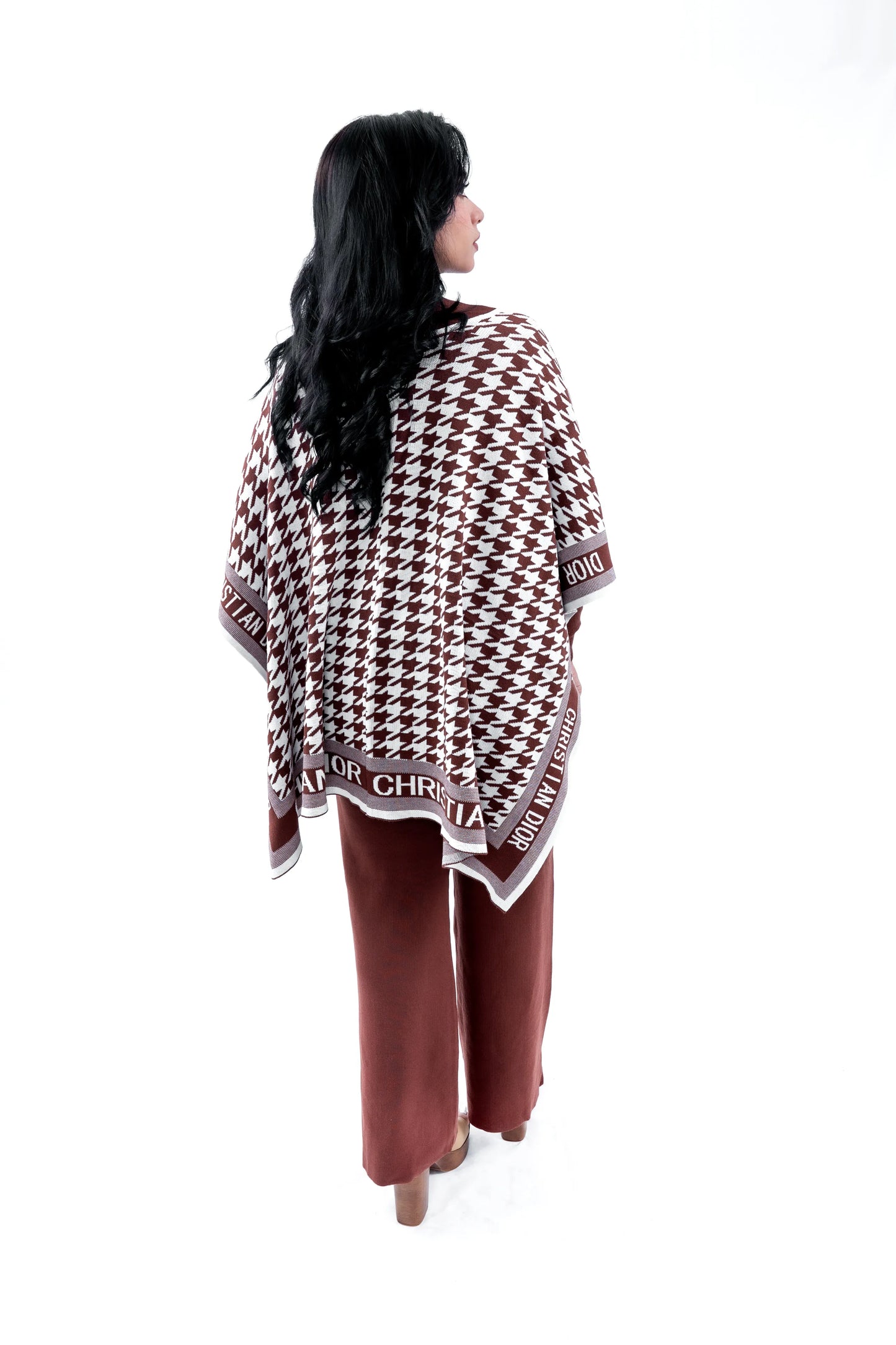 Women's Brown Knit Set with Houndstooth Poncho