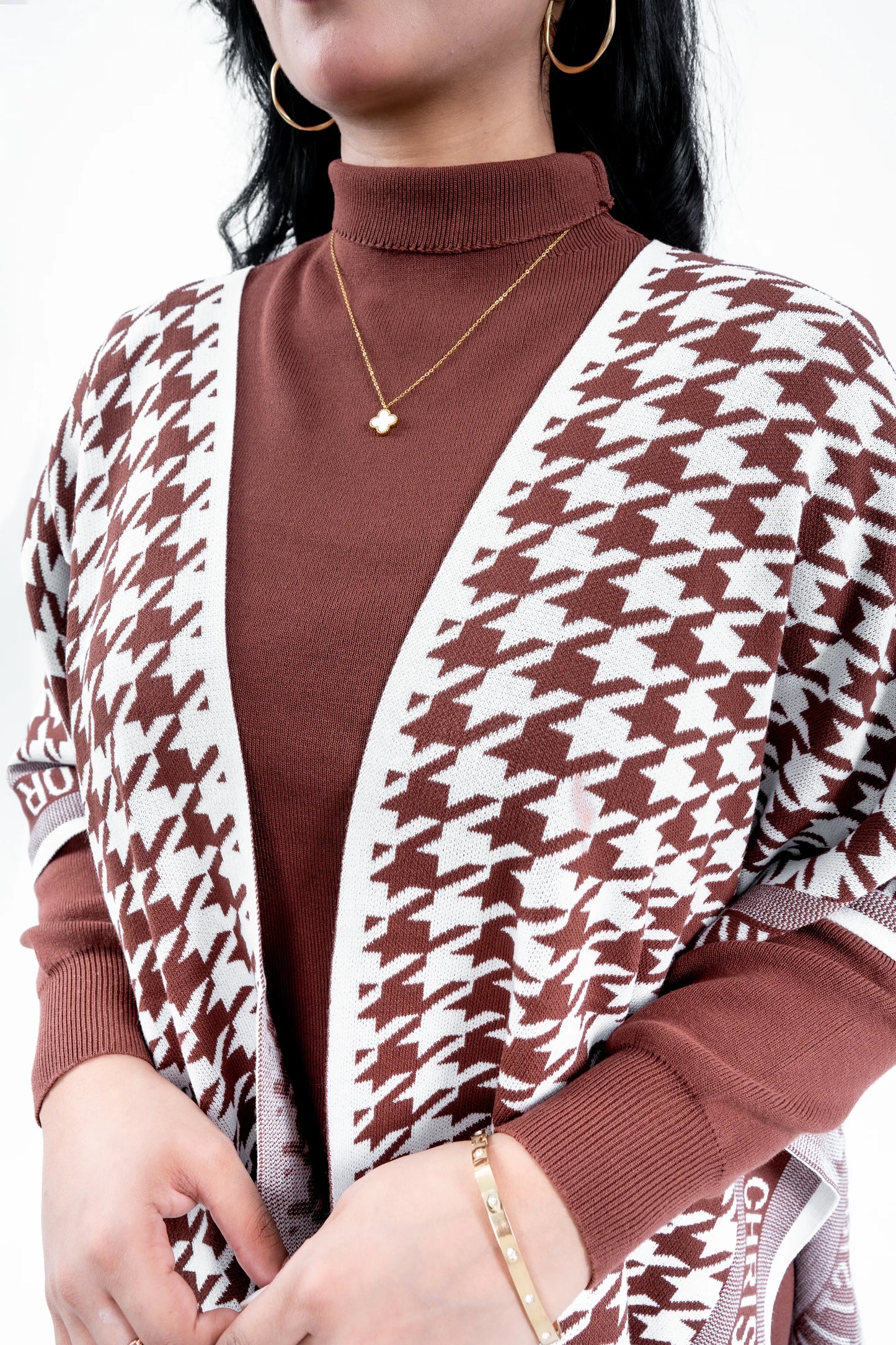 Women's Brown Knit Set with Houndstooth Poncho