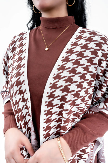 Women's Brown Knit Set with Houndstooth Poncho