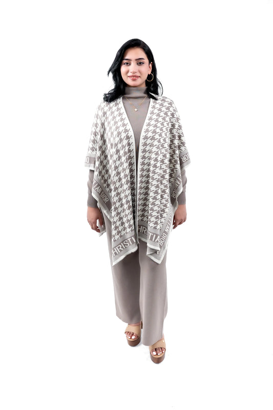 Women's Taupe Knit Set with Houndstooth Poncho