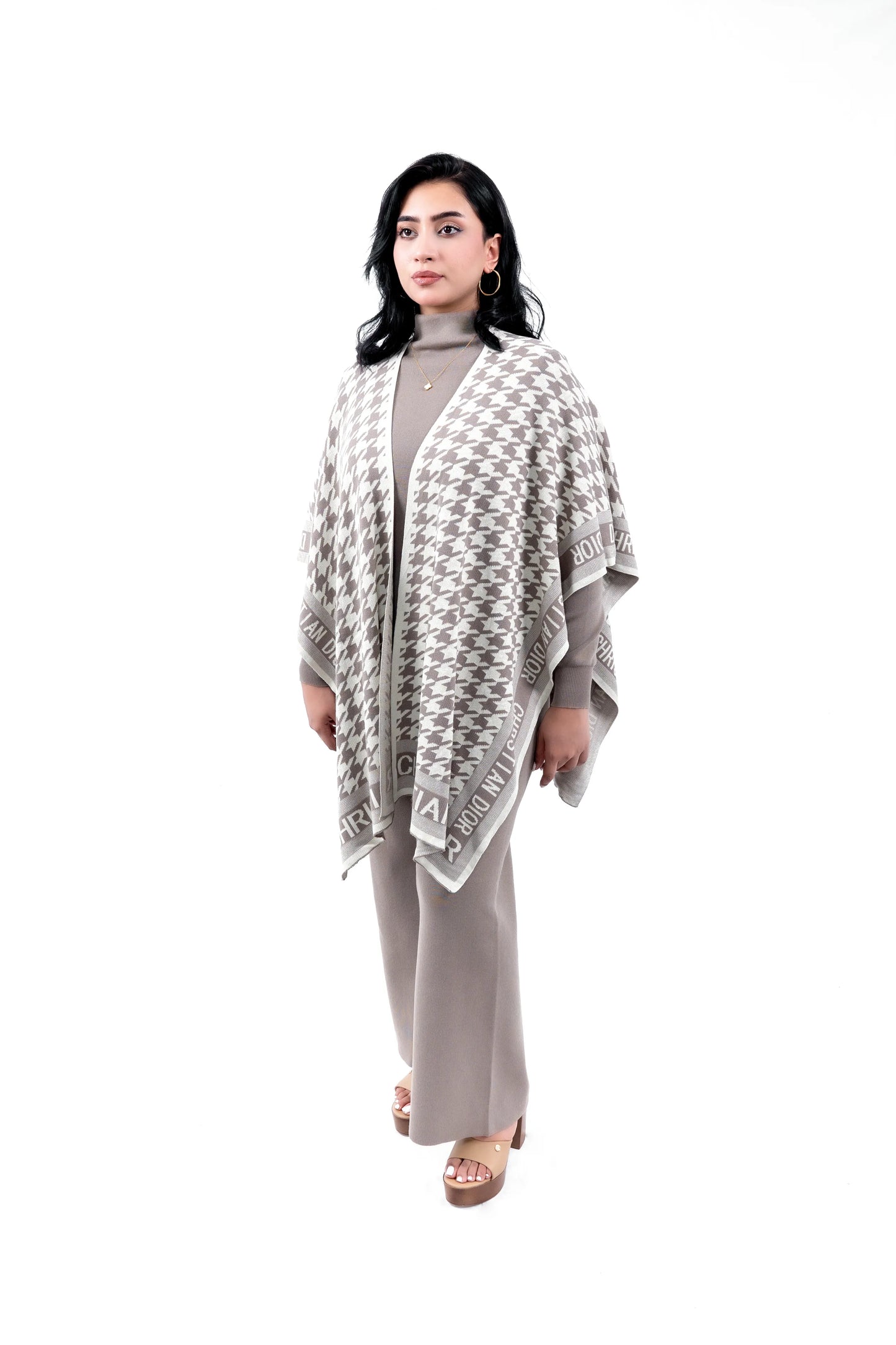 Women's Taupe Knit Set with Houndstooth Poncho