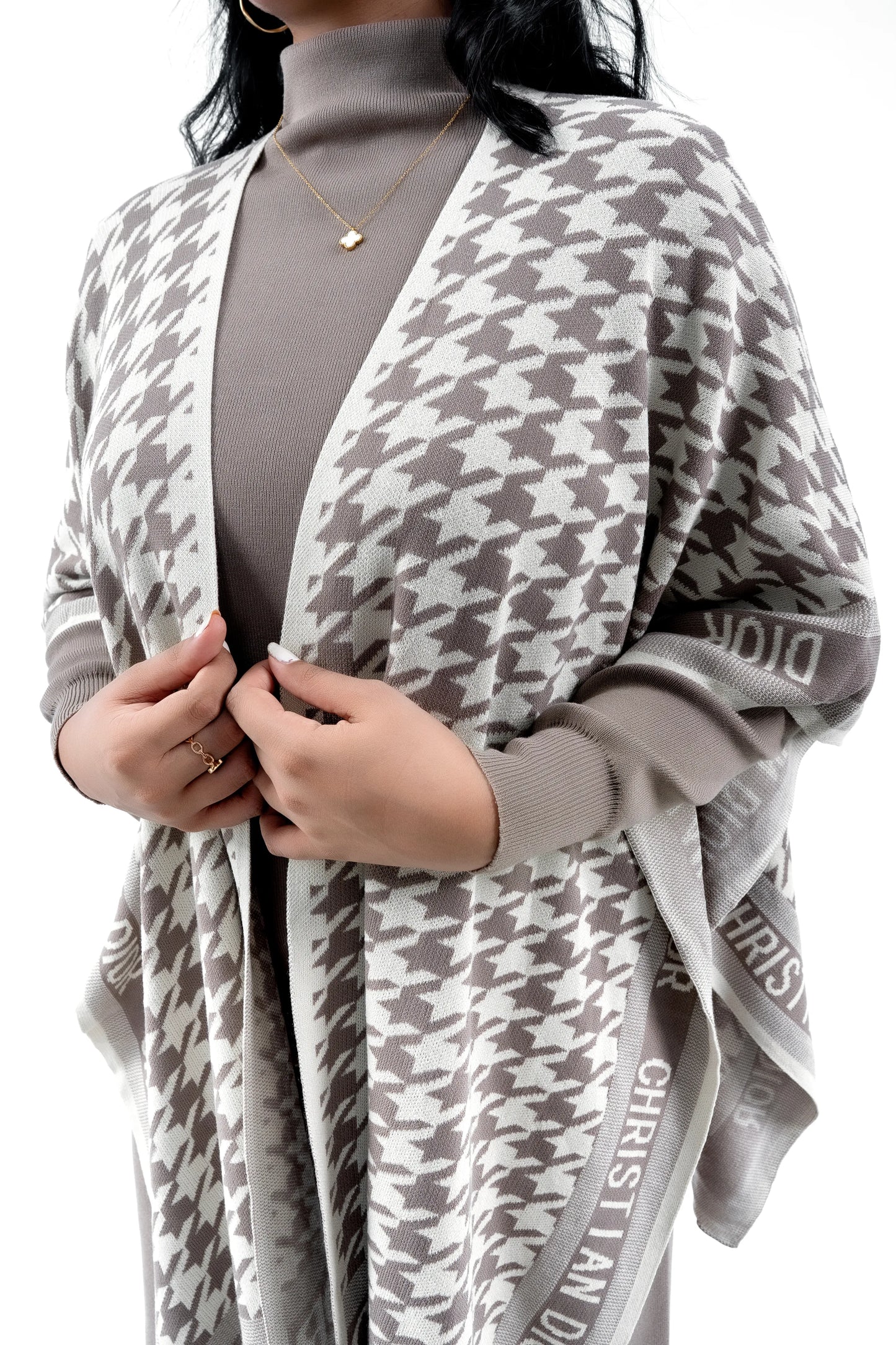 Women's Taupe Knit Set with Houndstooth Poncho