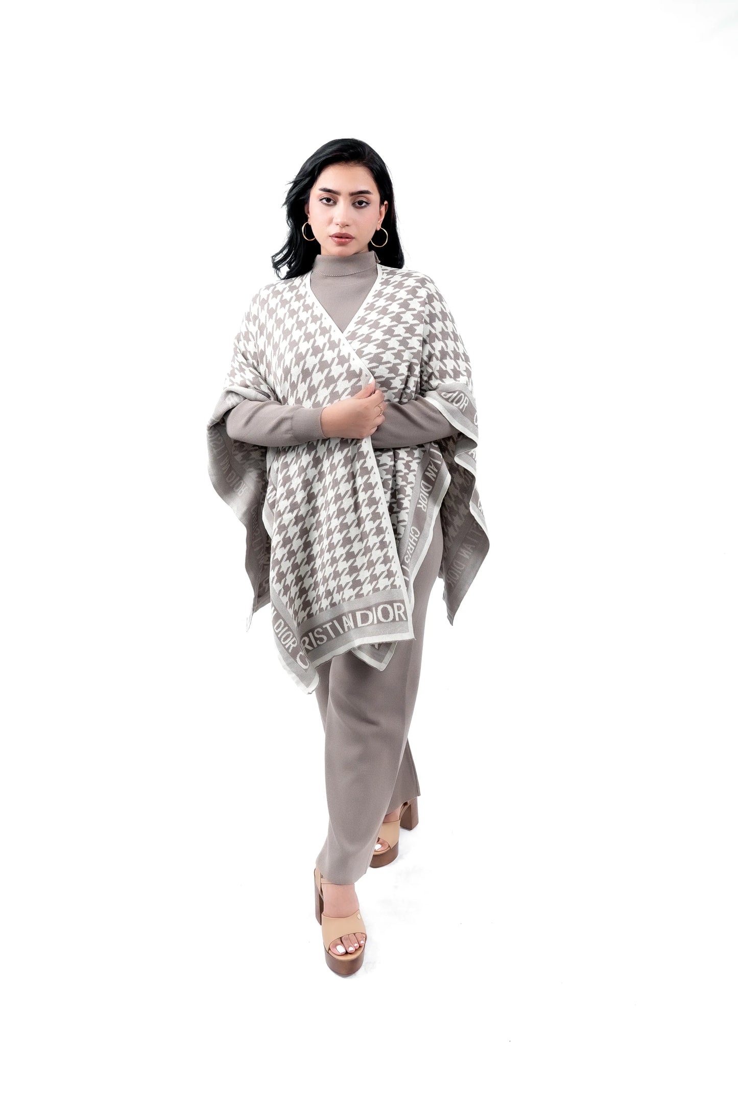 Women's Taupe Knit Set with Houndstooth Poncho