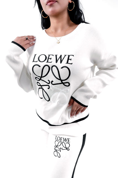 Women's White Graphic Sweatshirt and Pant Set with Black Detailing