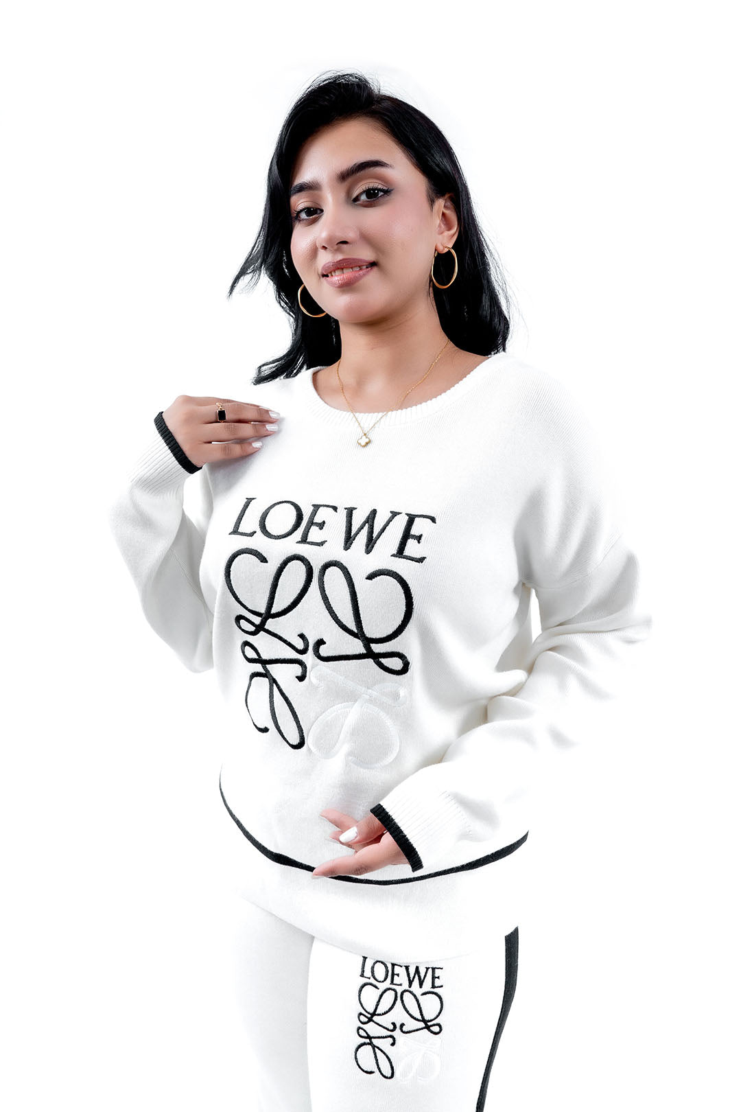 Women's White Graphic Sweatshirt and Pant Set with Black Detailing