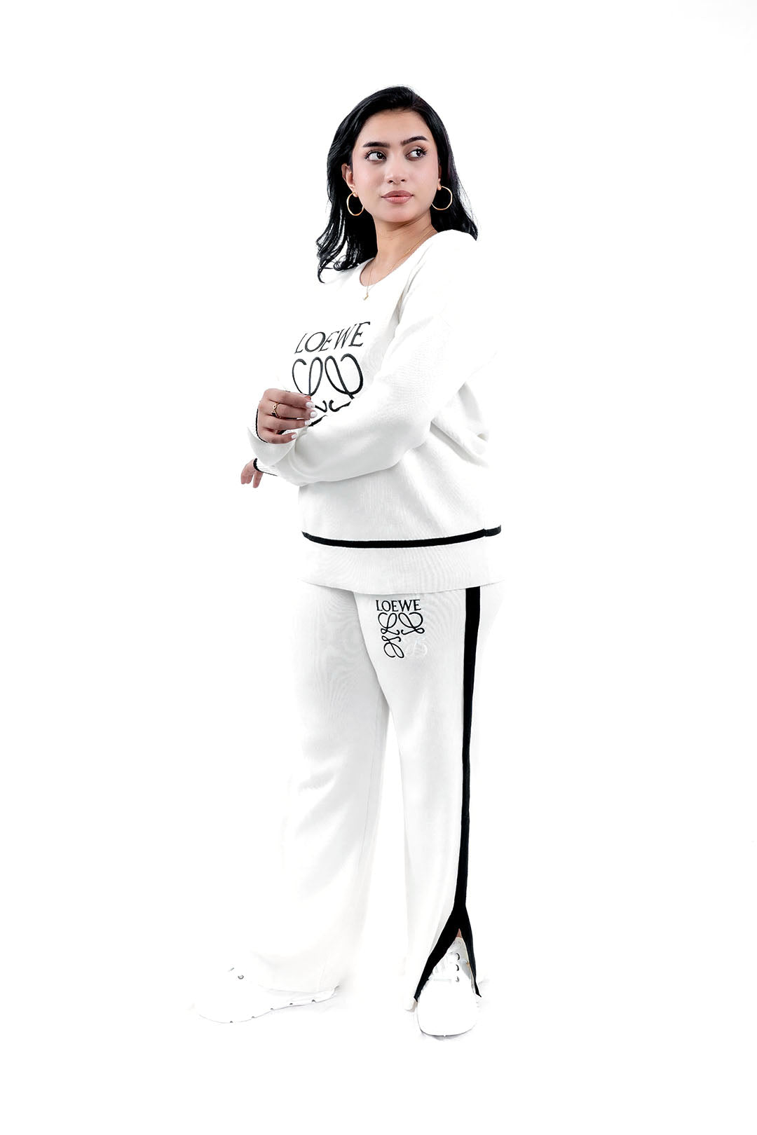 Women's White Graphic Sweatshirt and Pant Set with Black Detailing