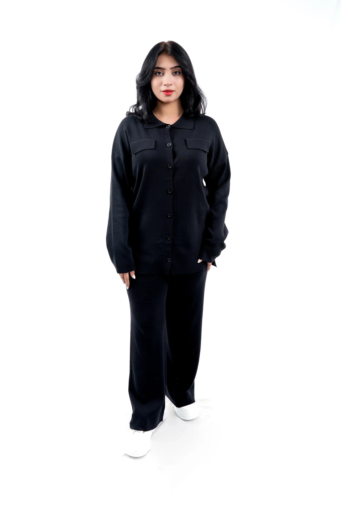 Women's Black Button-Down Shirt and Pant Set