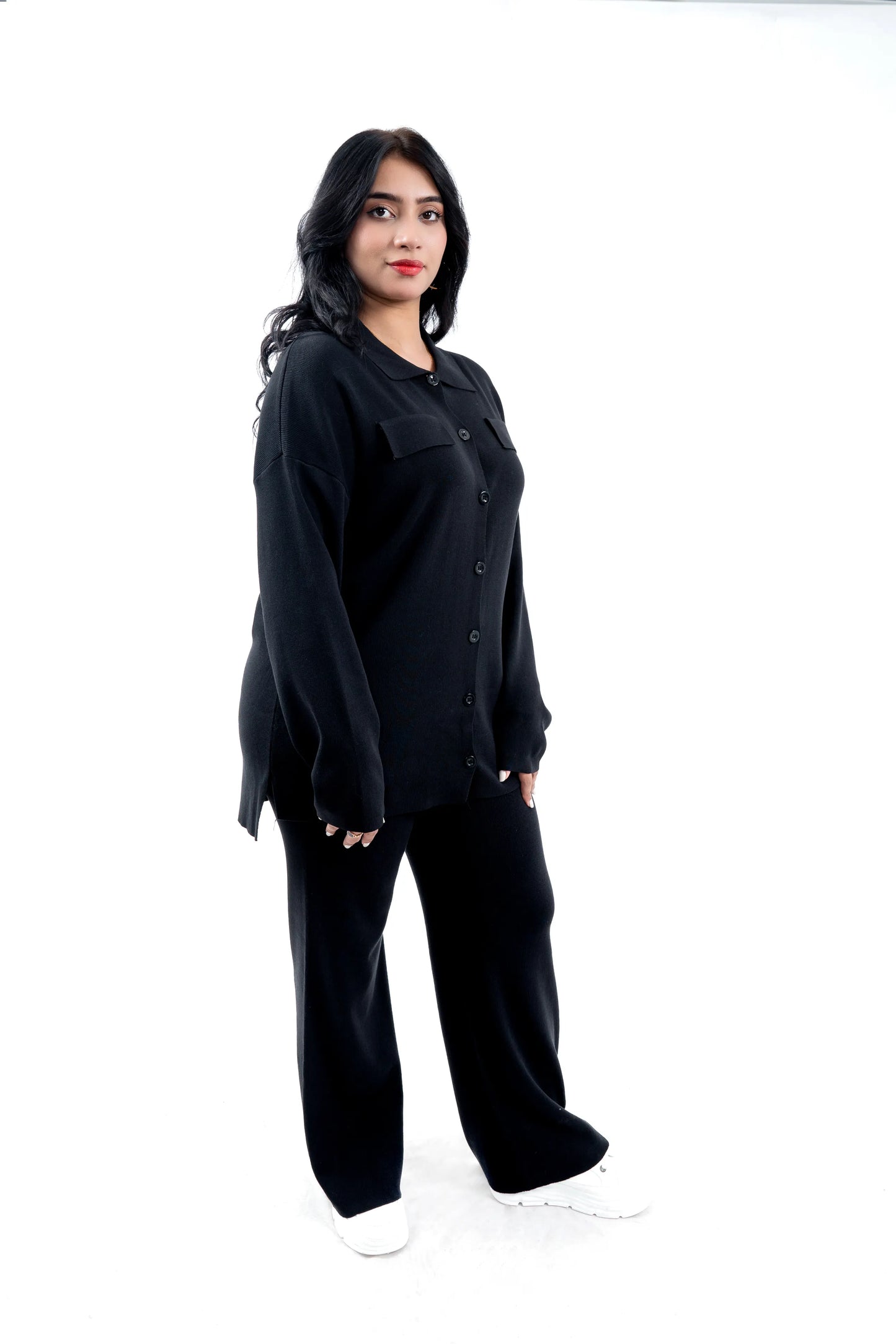 Women's Black Button-Down Shirt and Pant Set