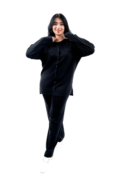 Women's Black Button-Down Shirt and Pant Set