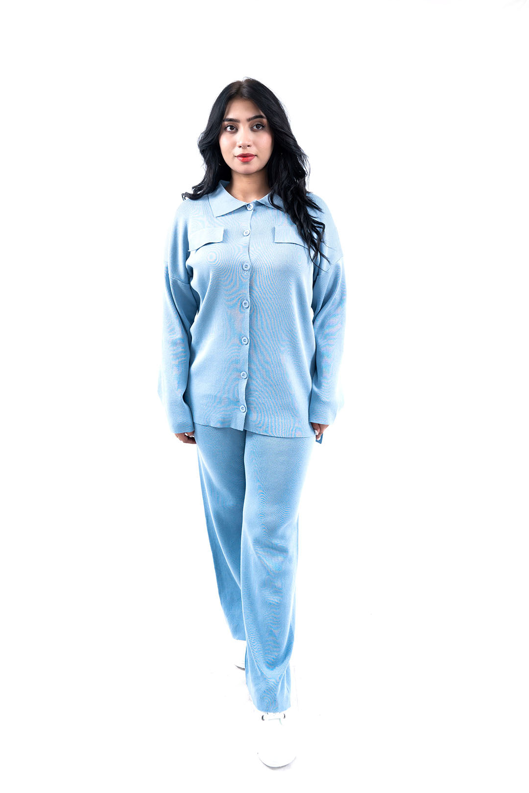 Women's Light Blue Button-Down Shirt and Pant Set