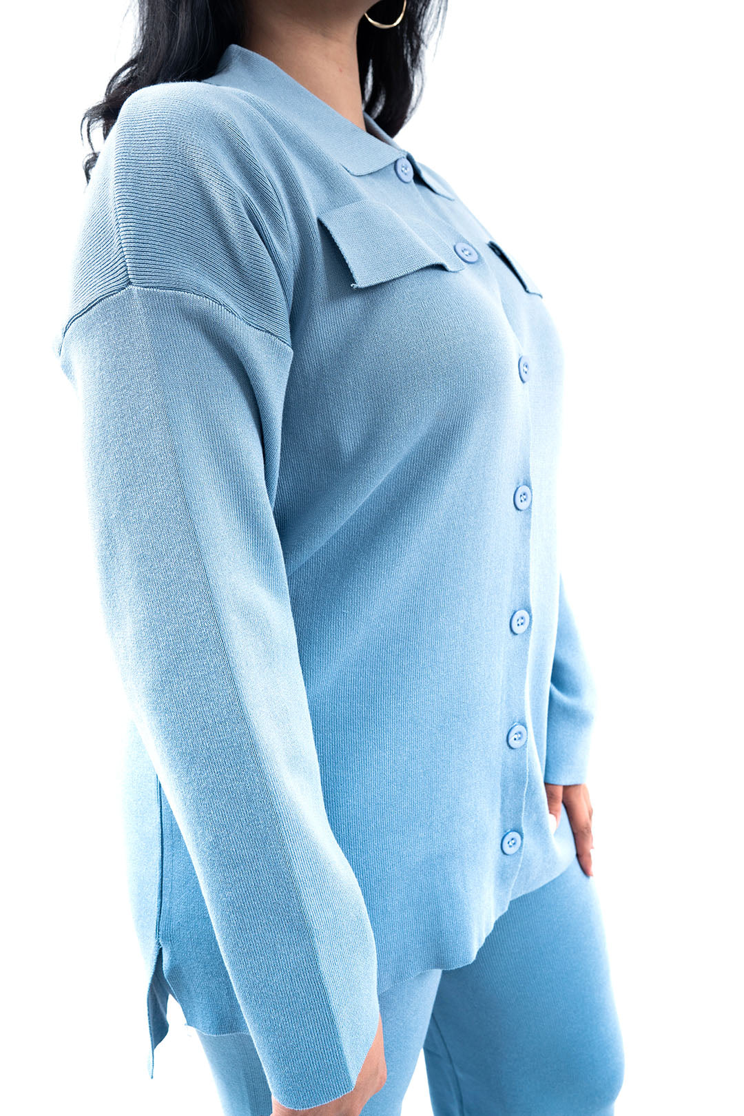 Women's Light Blue Button-Down Shirt and Pant Set